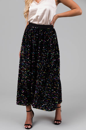 Black Colorful Sequin Velvet Midi Skirt