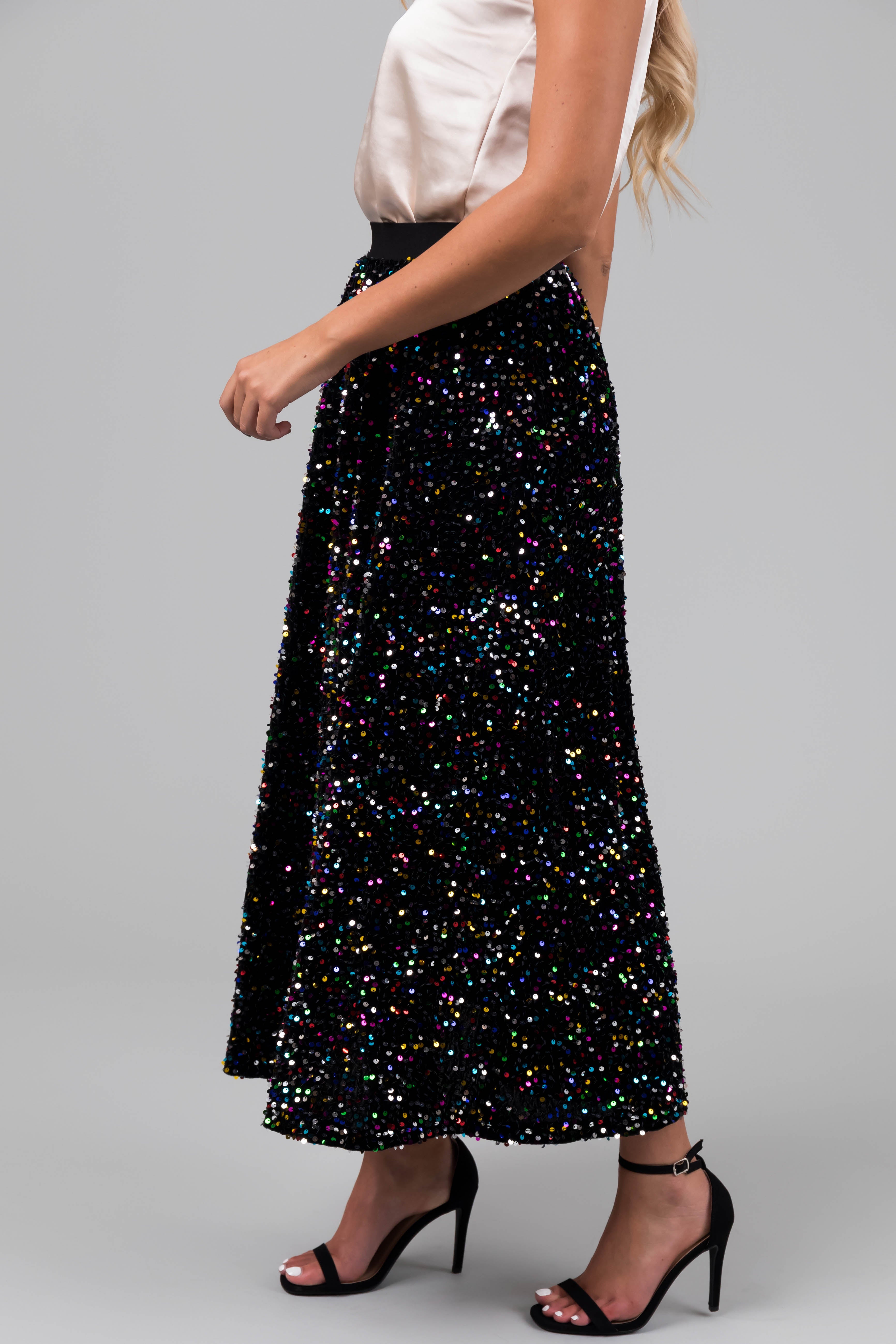 Black velvet shop glitter midi skirt