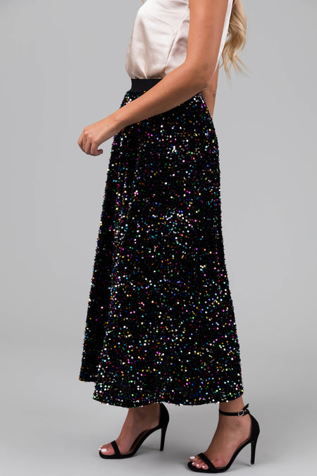 Black Colorful Sequin Velvet Midi Skirt