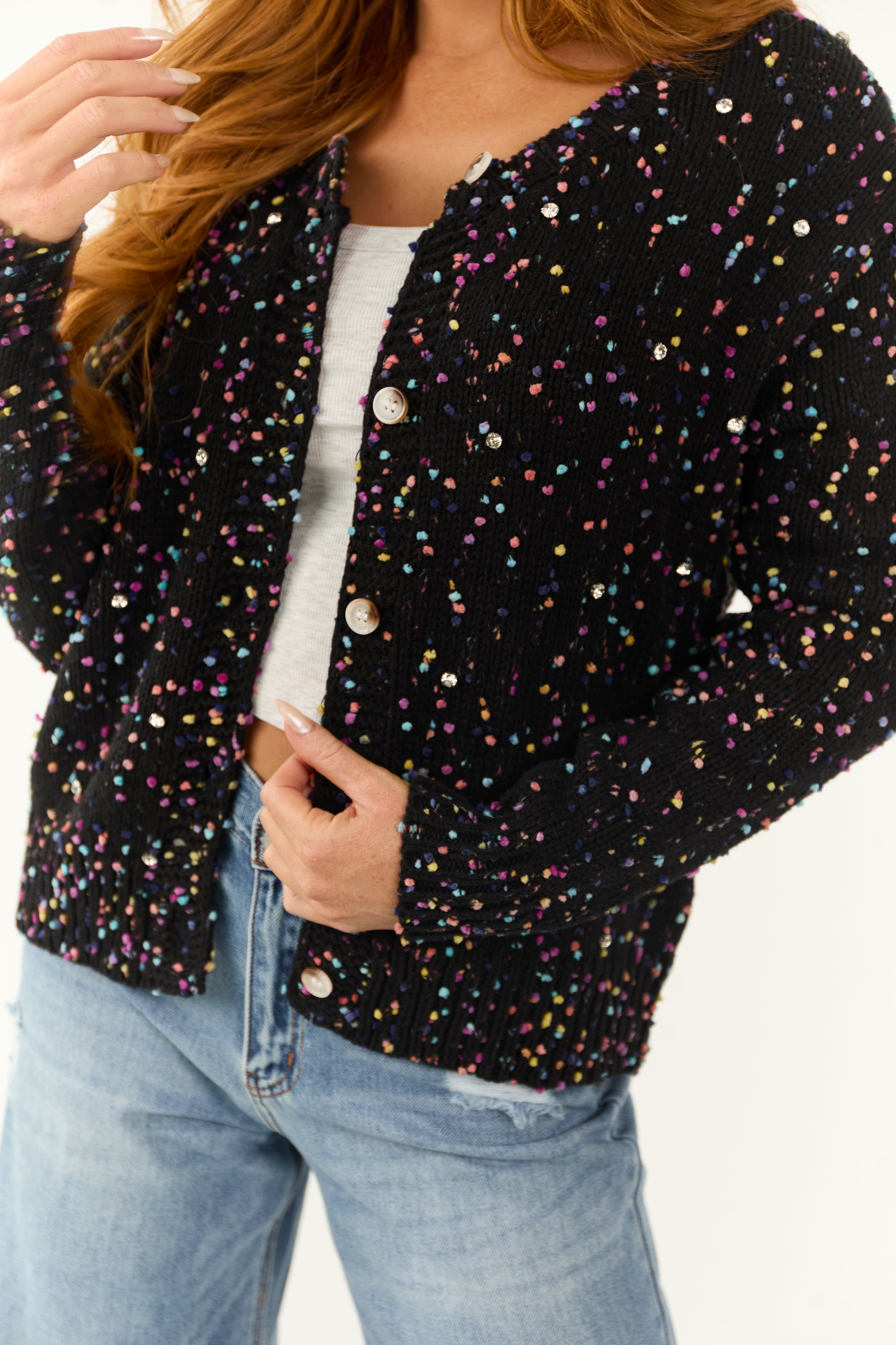 Black Confetti Knit Rhinestone Detail Cardigan