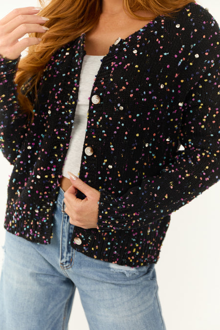 Black Confetti Knit Rhinestone Detail Cardigan