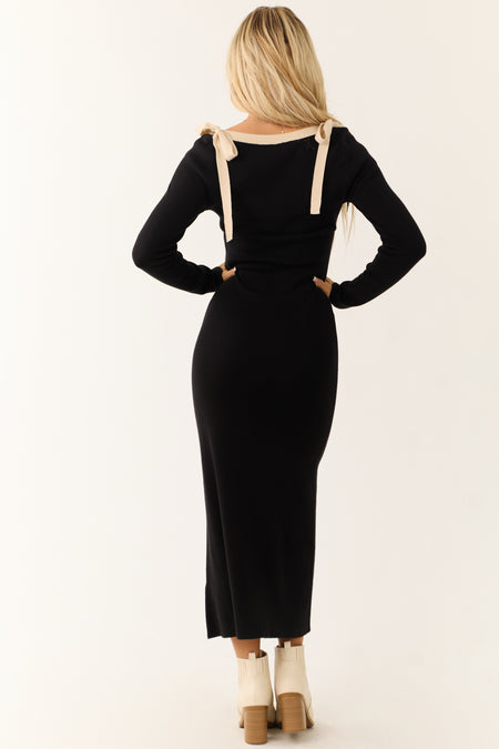 Black Contrast Neckline Bow Shoulder Maxi Dress