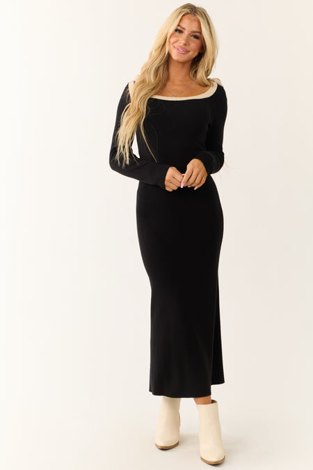 Black Contrast Neckline Bow Shoulder Maxi Dress