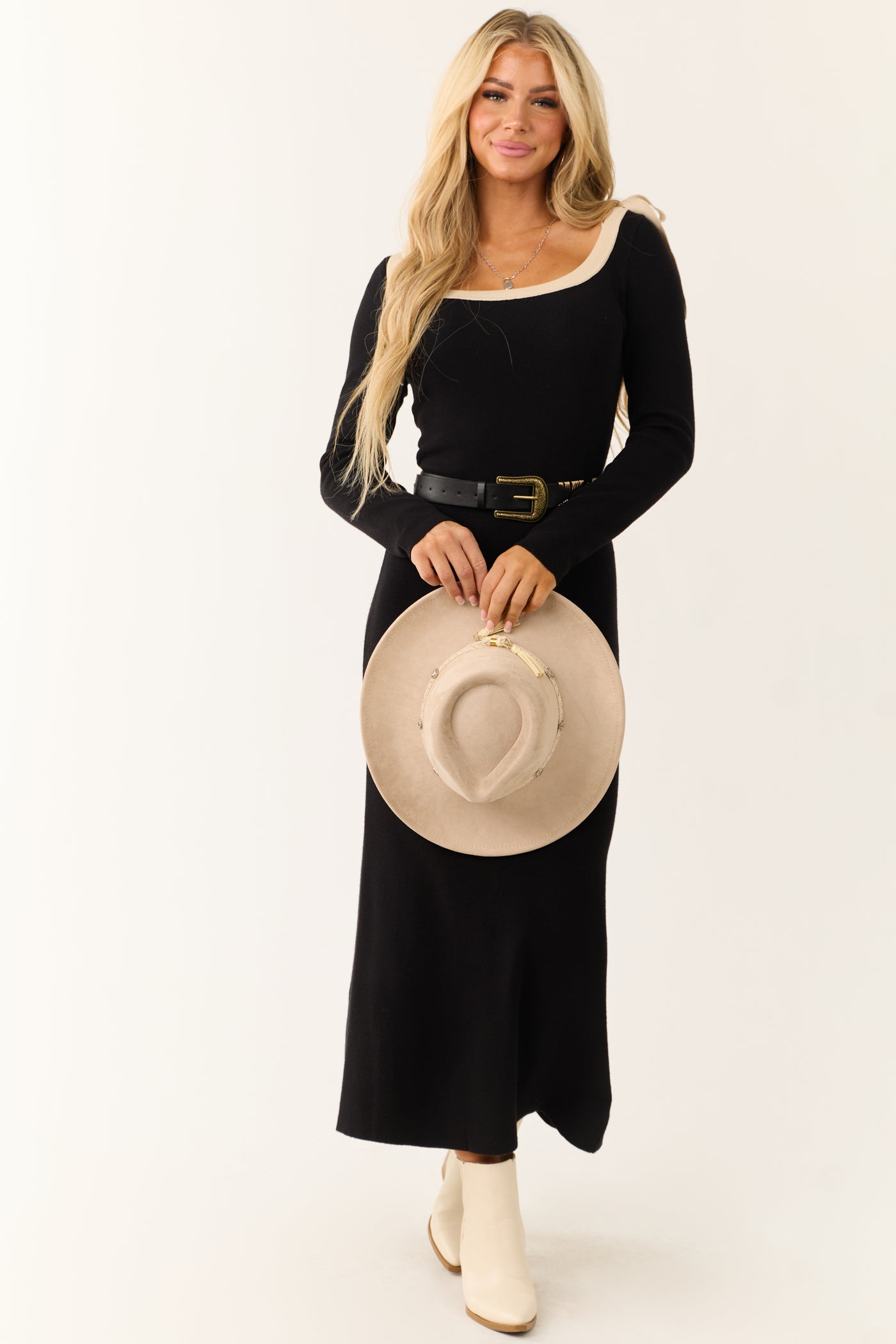 Black Contrast Neckline Bow Shoulder Maxi Dress