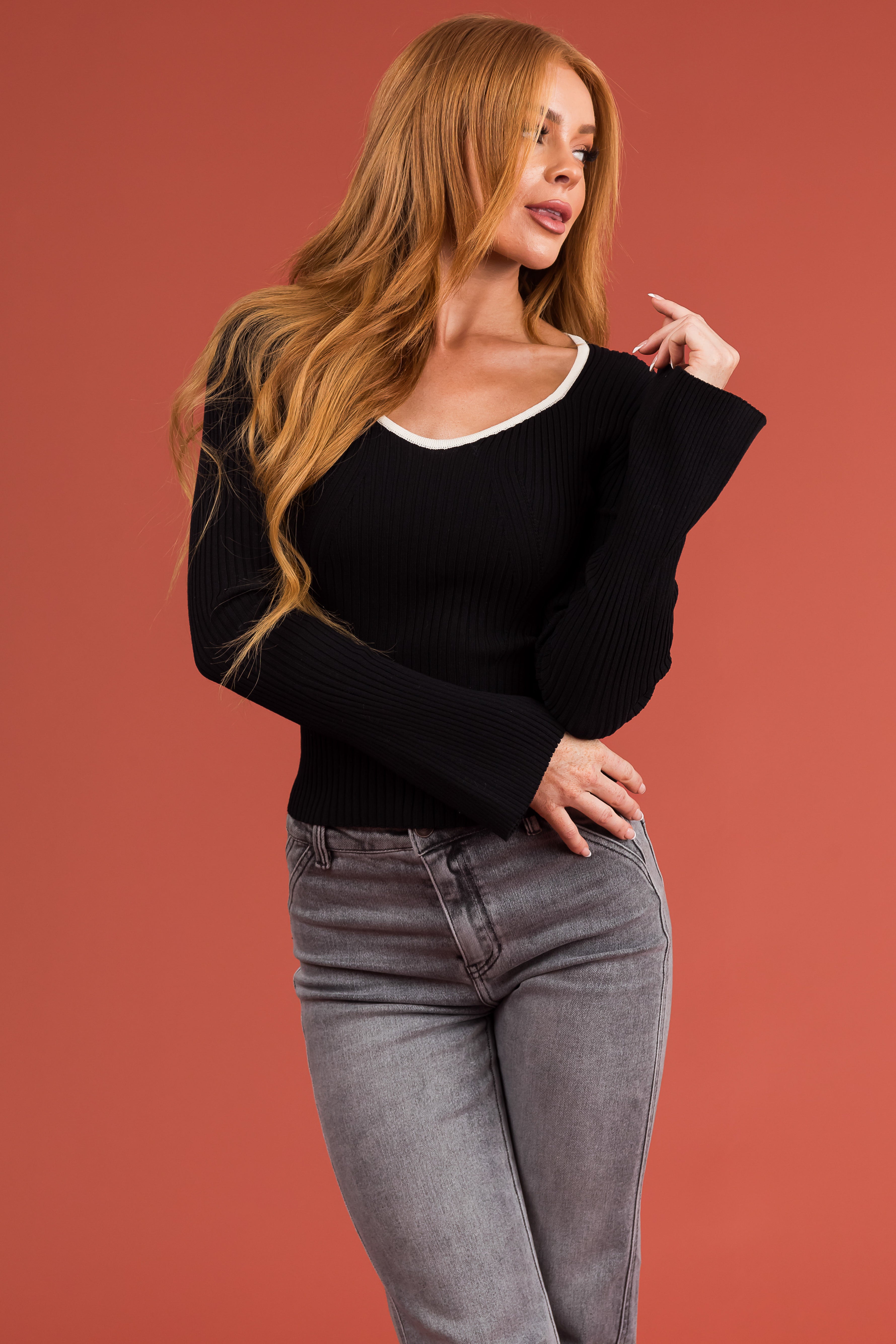 Black Contrast Neckline Fitted Ribbed Knit Top