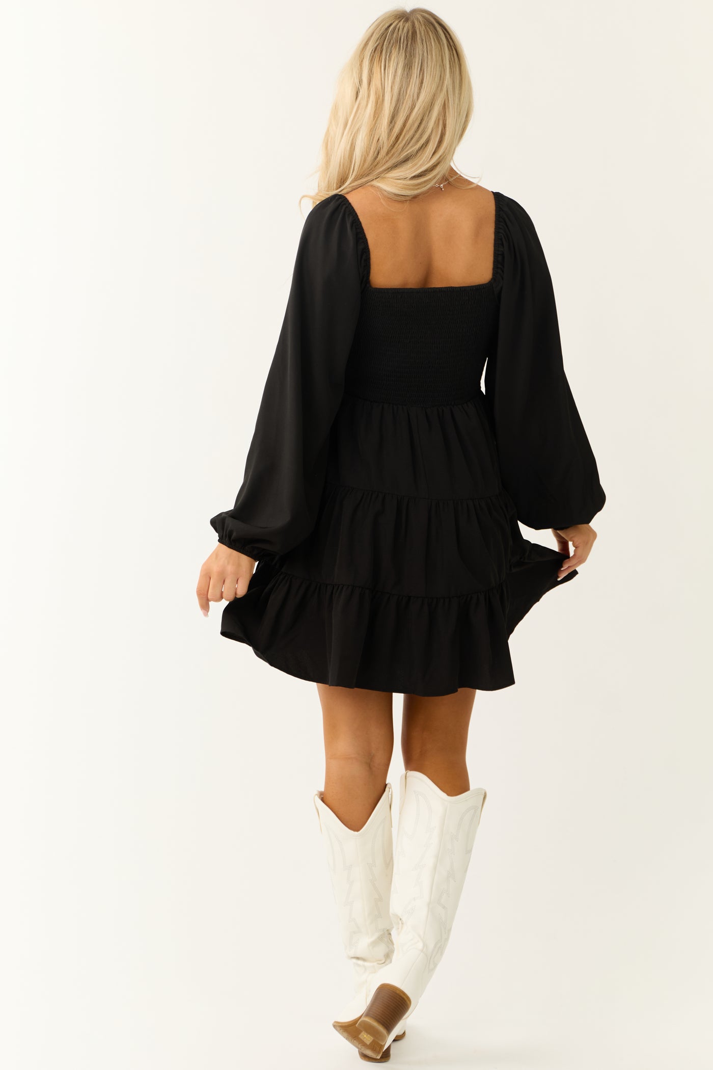 Black Contrast Smocked Long Sleeve Mini Dress