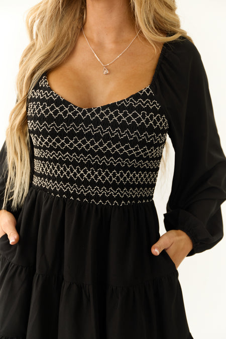 Black Contrast Smocked Long Sleeve Mini Dress