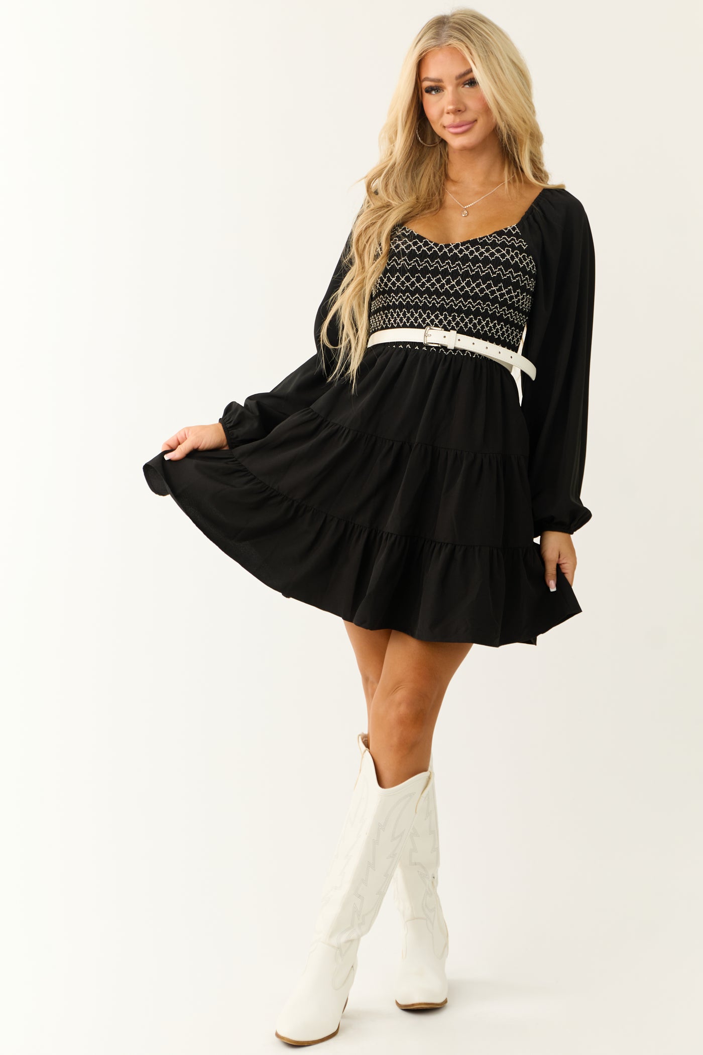 Black Contrast Smocked Long Sleeve Mini Dress