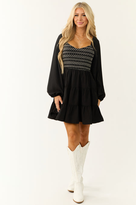 Black Contrast Smocked Long Sleeve Mini Dress