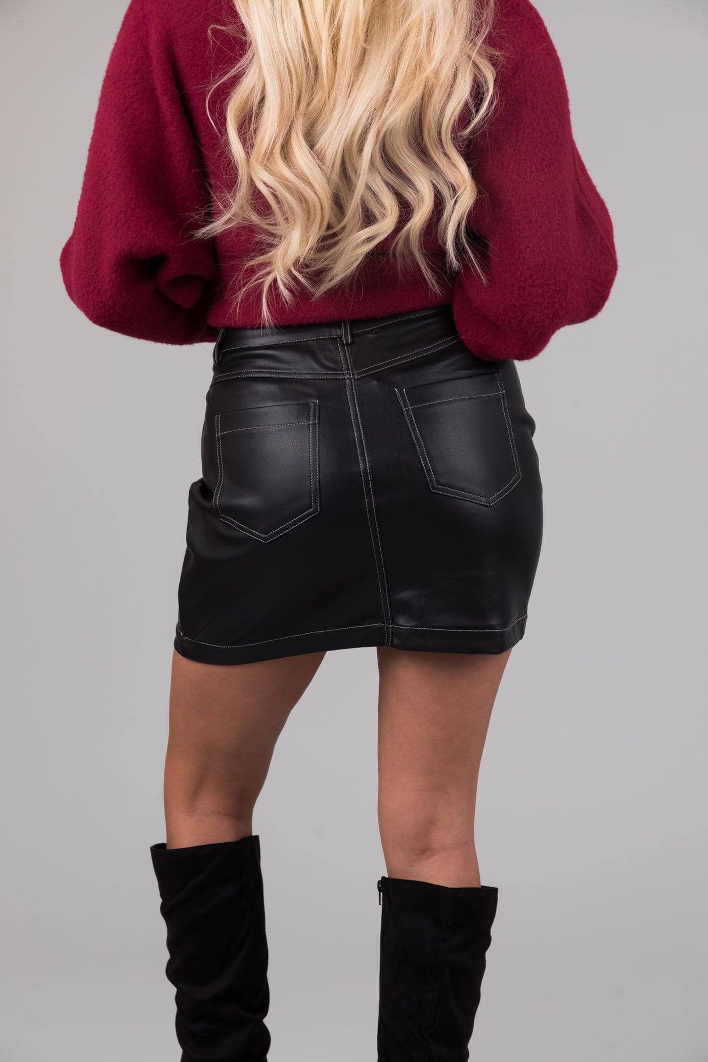 Black Contrast Stitch Pleather Mini Skirt