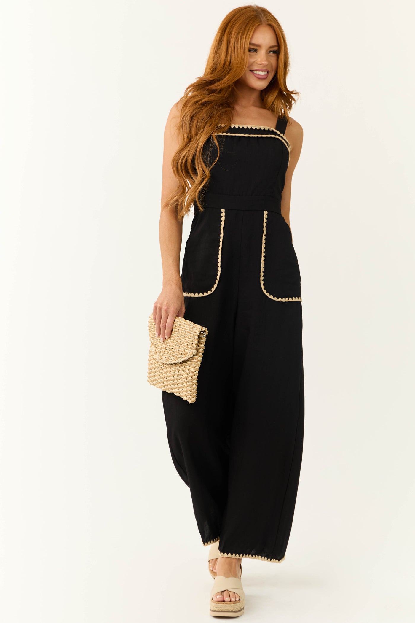 Black Contrast Stitch Sleeveless Jumpsuit