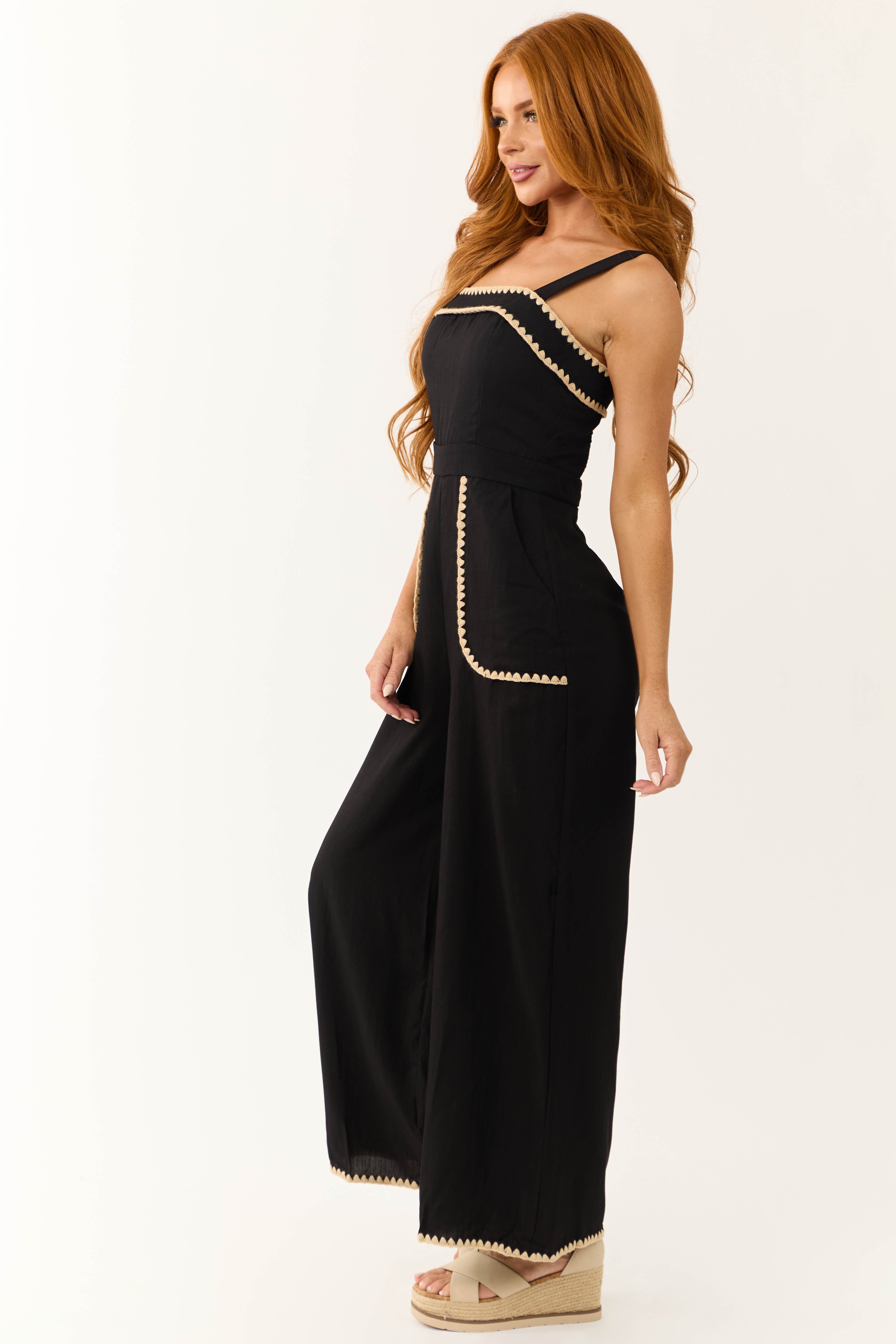 Black Contrast Stitch Sleeveless Jumpsuit