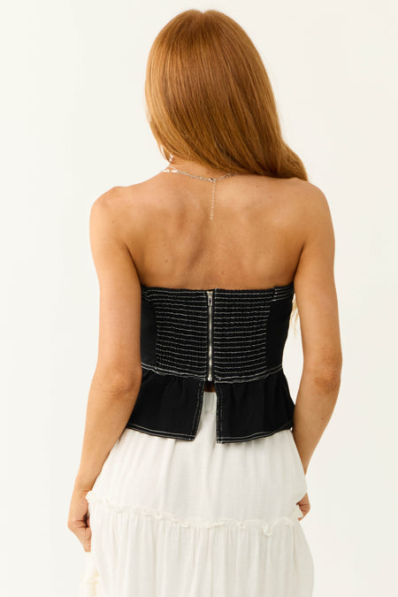 Black Contrast Stitching Denim Bustier Top