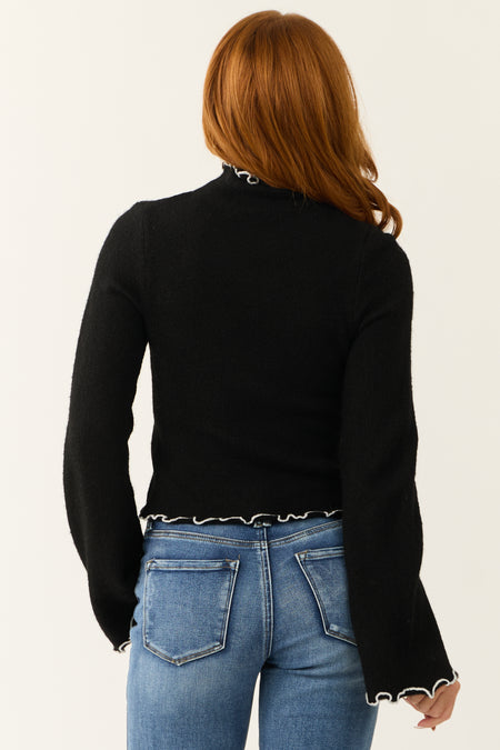 Black Contrast Trim Long Bell Sleeve Wool Sweater