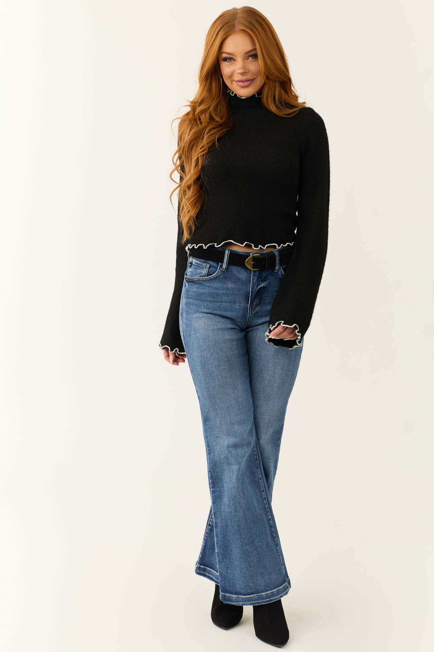 Black Contrast Trim Long Bell Sleeve Wool Sweater