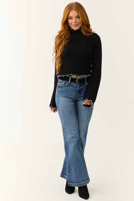 Black Contrast Trim Long Bell Sleeve Wool Sweater