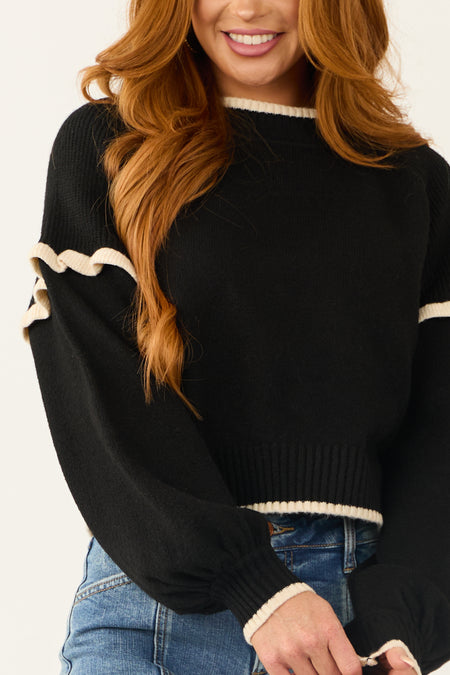 Black Contrast Trim Ruffle Shoulder Sweater