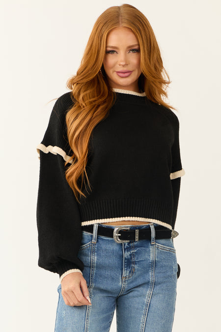 Black Contrast Trim Ruffle Shoulder Sweater