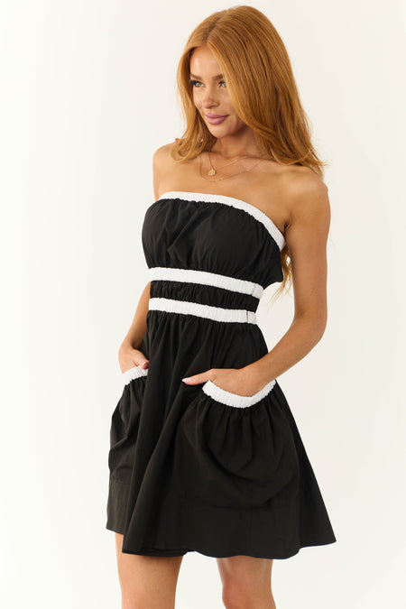 Black Contrast Trim Strapless Short Dress