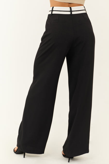 Black Contrast Waistband Wide Leg Pants