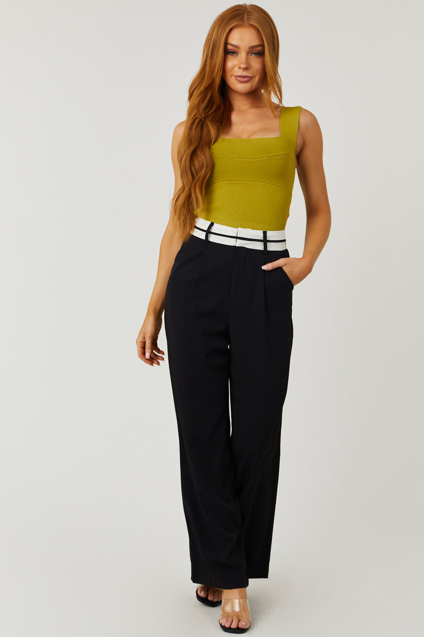 Black Contrast Waistband Wide Leg Pants