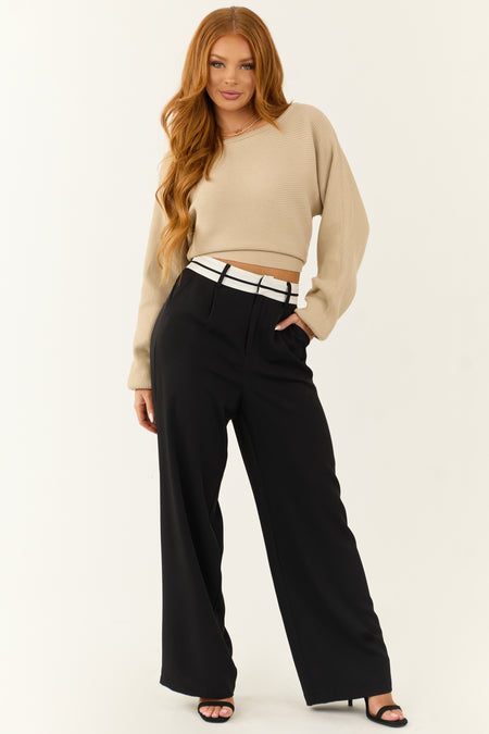 Black Contrast Waistband Wide Leg Pants