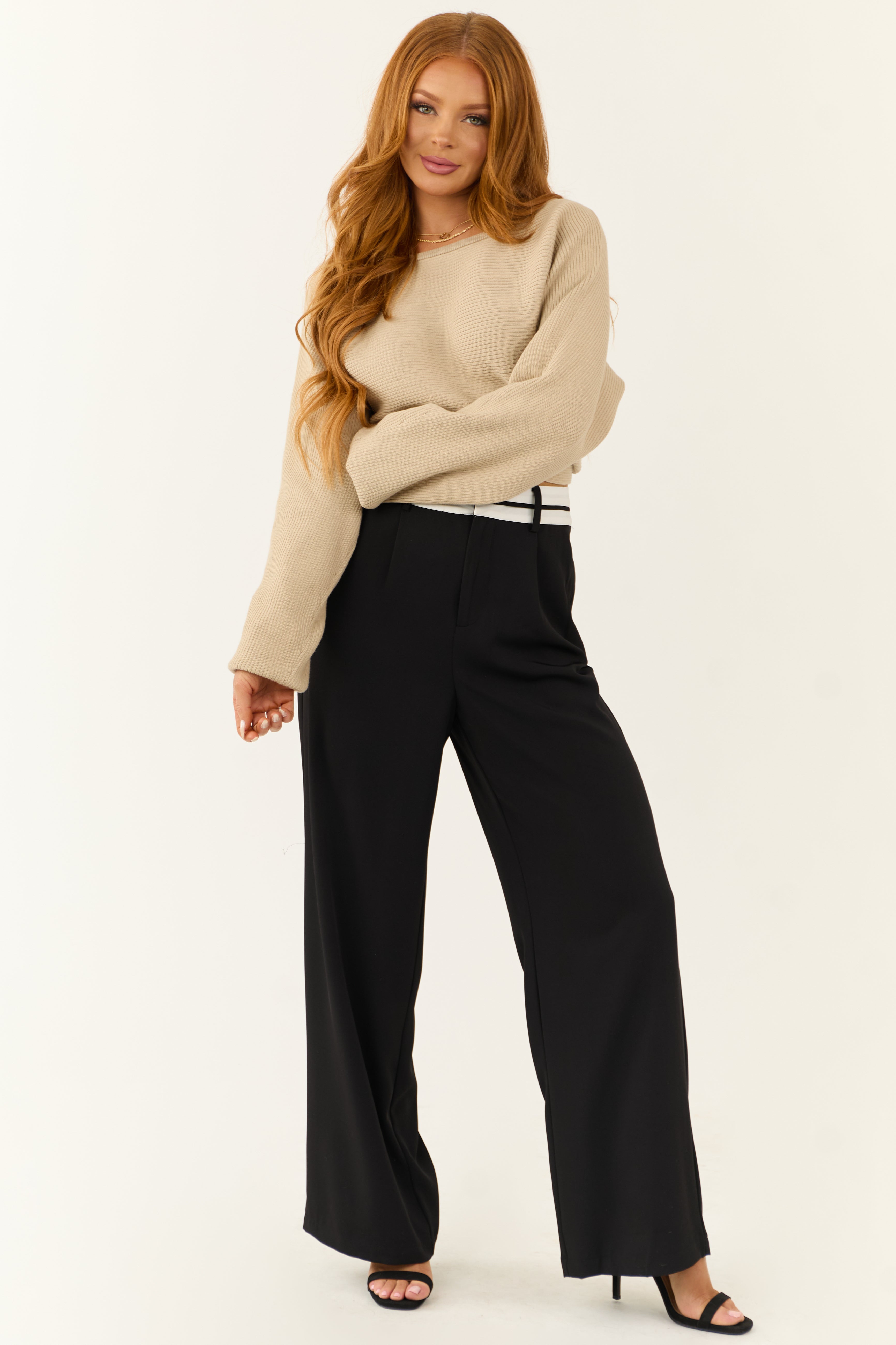 Black Contrast Waistband Wide Leg Pants