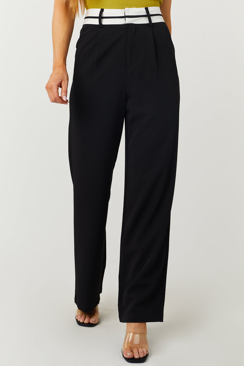 Black Contrast Waistband Wide Leg Pants