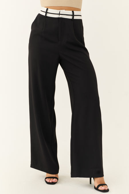 Black Contrast Waistband Wide Leg Pants