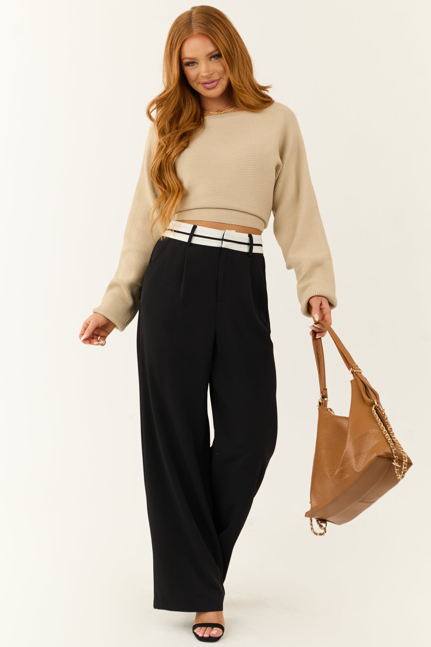 Black Contrast Waistband Wide Leg Pants