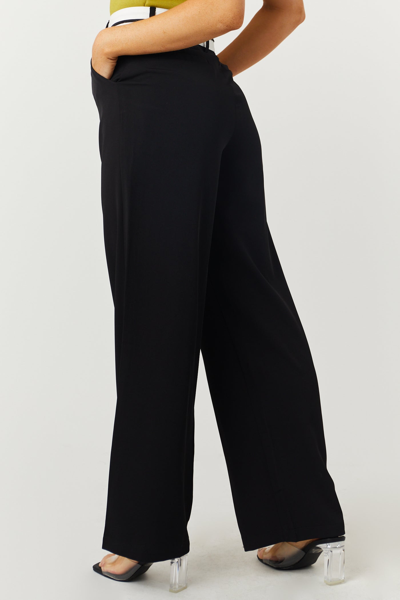 Black Contrast Waistband Wide Leg Pants