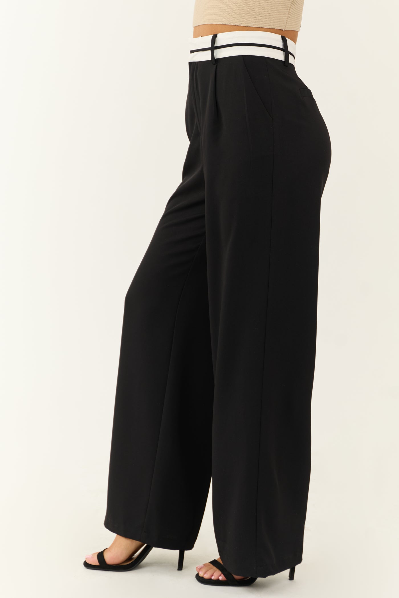 Black Contrast Waistband Wide Leg Pants