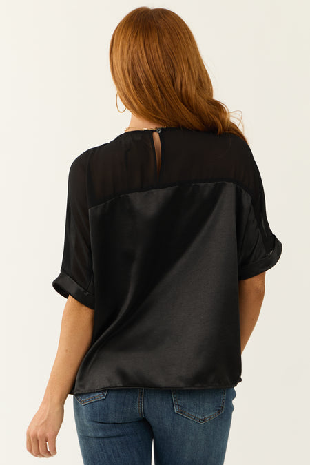 Black Contrast Yoke Cuffed Sleeve Satin Blouse