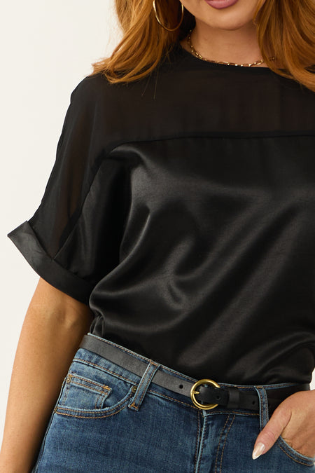 Black Contrast Yoke Cuffed Sleeve Satin Blouse