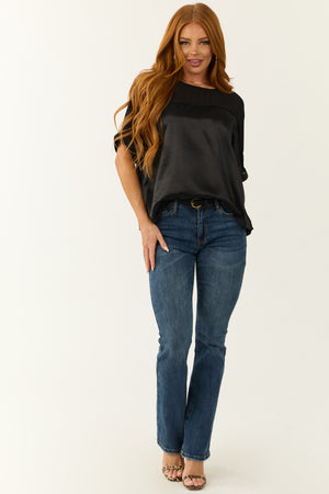 Black Contrast Yoke Cuffed Sleeve Satin Blouse