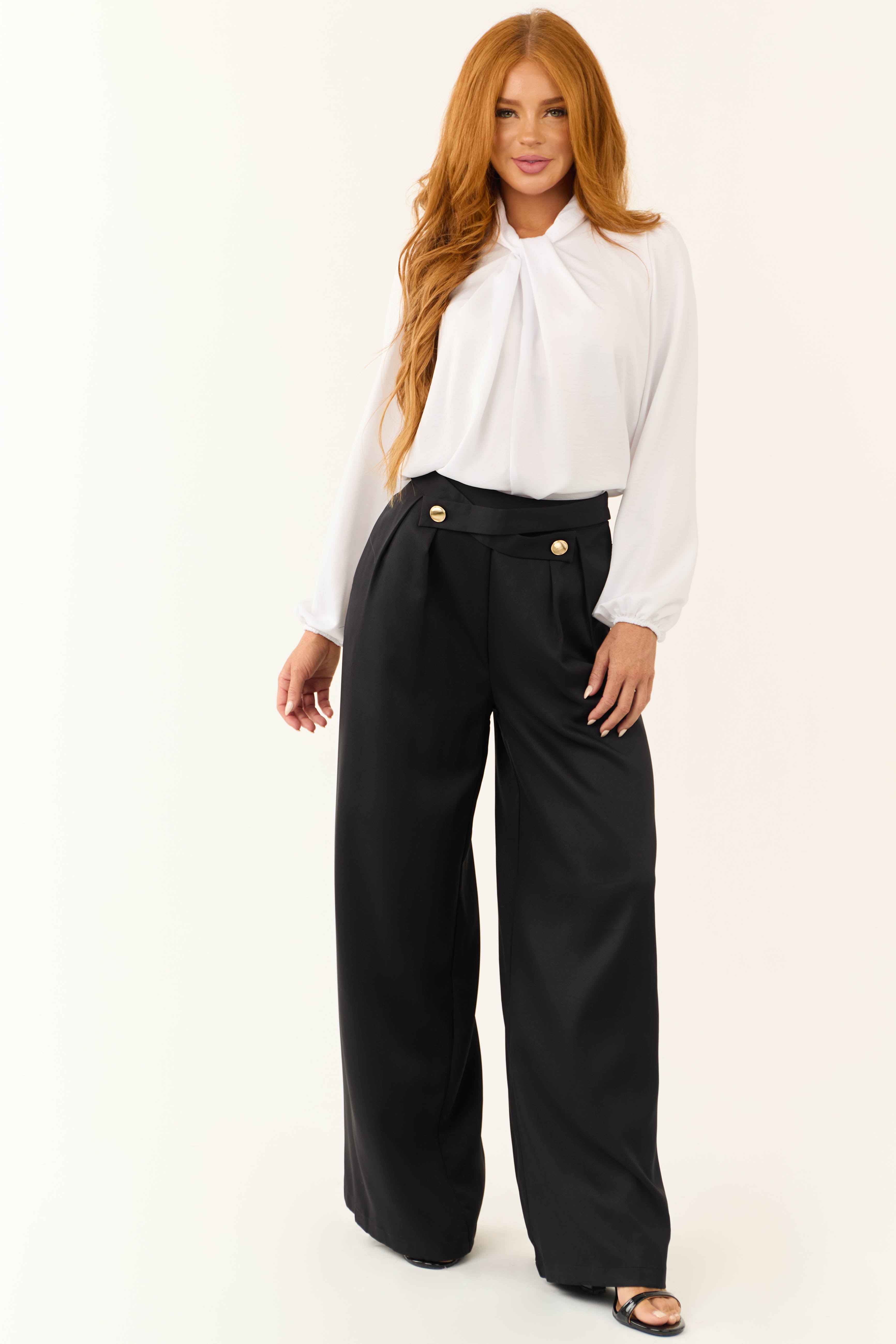 Black Criss Cross Button Wide Leg Pants