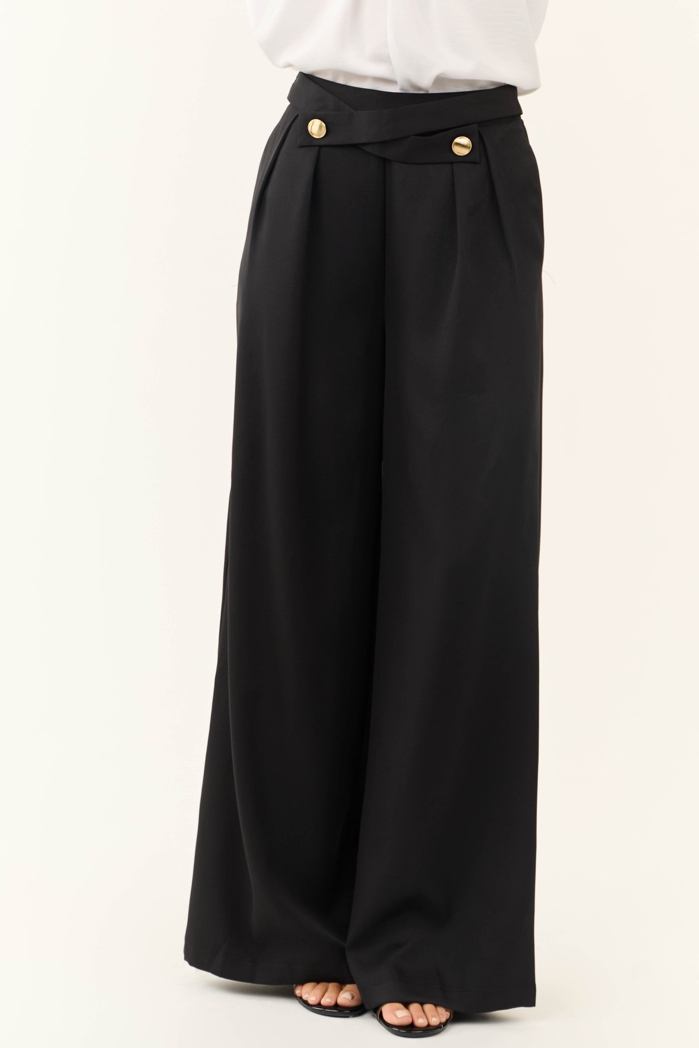 Black Criss Cross Button Wide Leg Pants