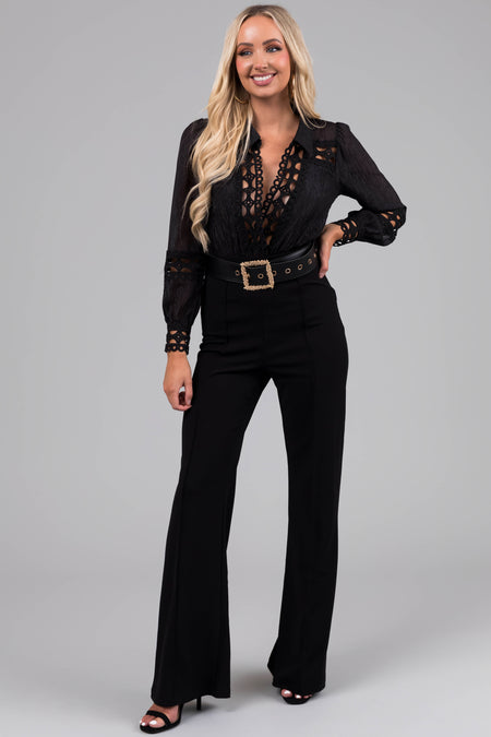 Black Crochet Detail Belted Jumpsuit