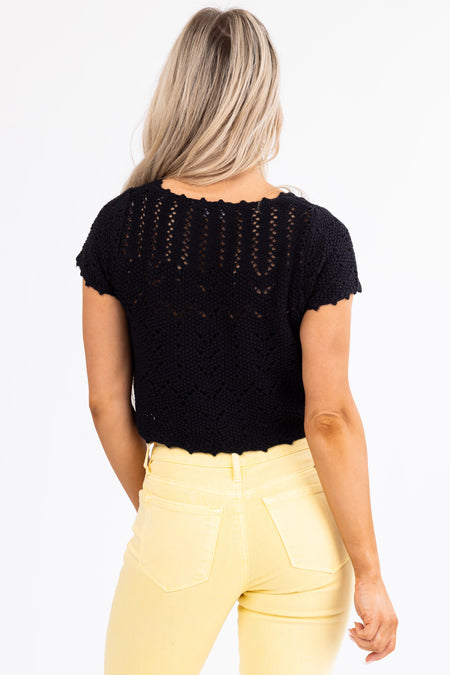 Black Crochet Knit Short Sleeve Cardigan