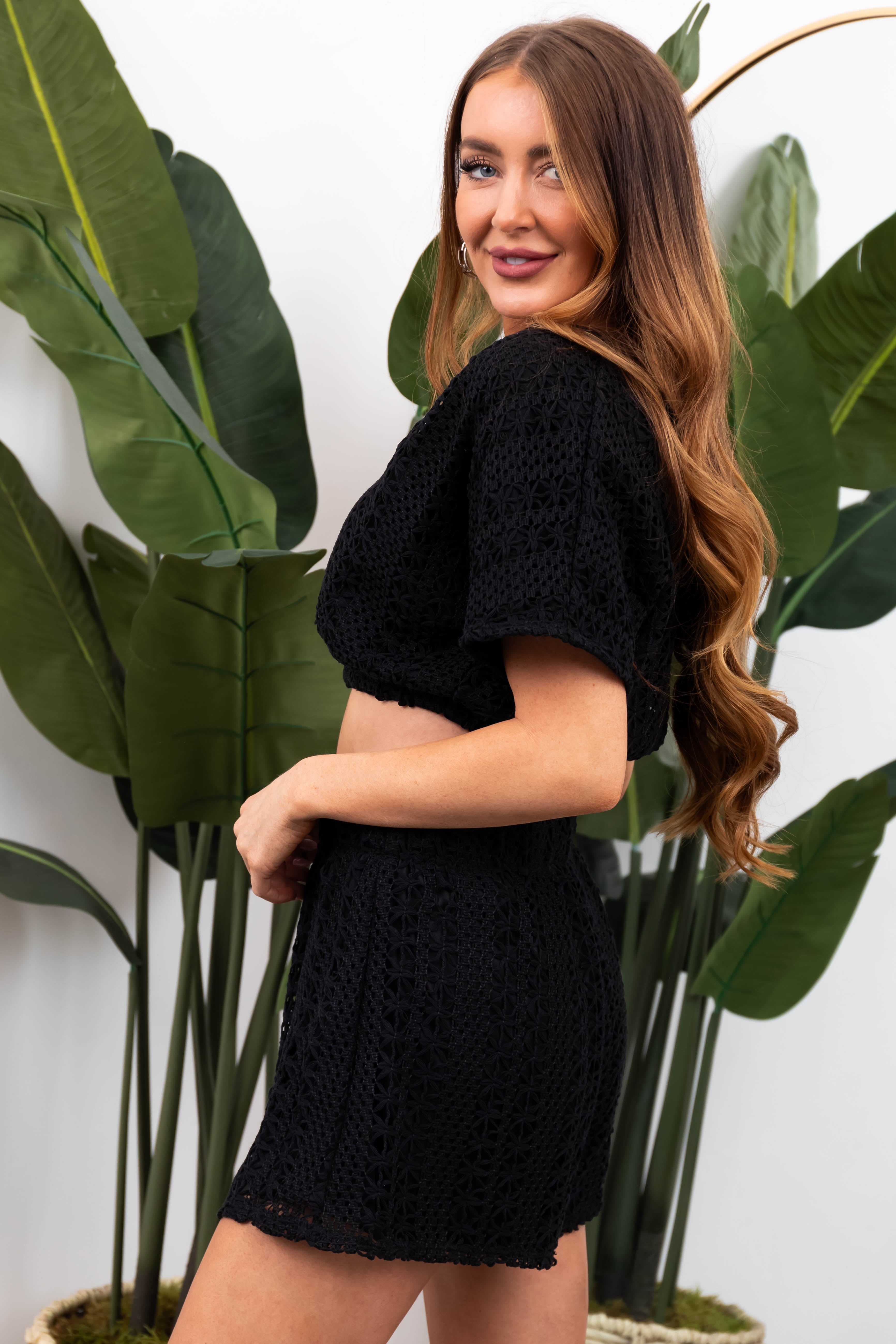 Black Crochet Surplice Crop Top and Shorts Set