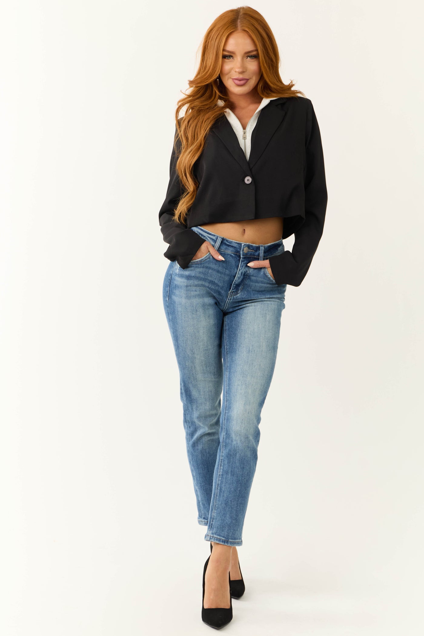 Black Crop Blazer with Zip Up Contrast Hoodie