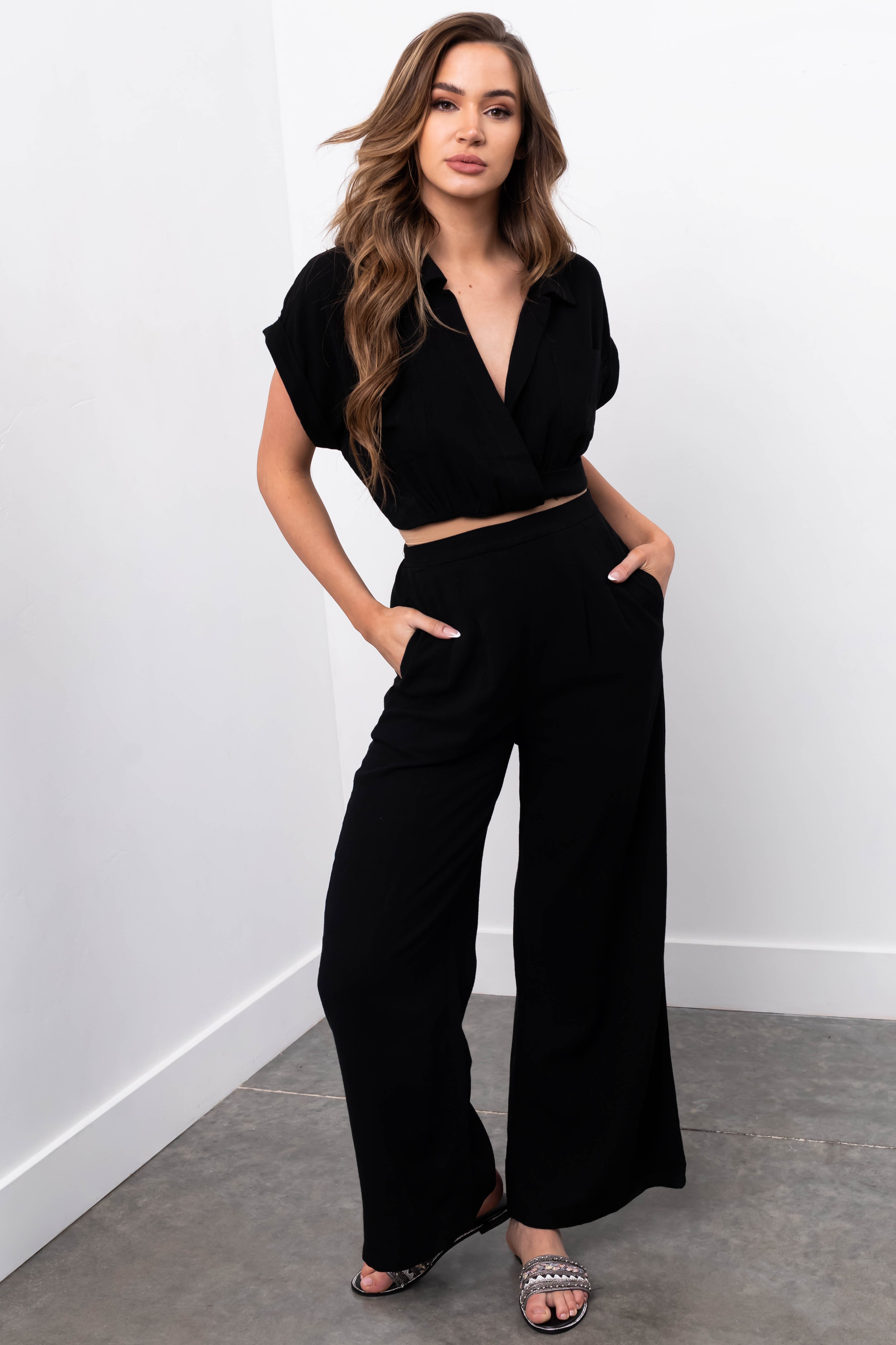 Black Crop Top and Wide Leg Pants Set