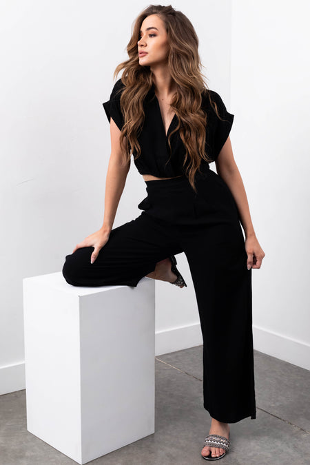 Black Crop Top and Wide Leg Pants Set