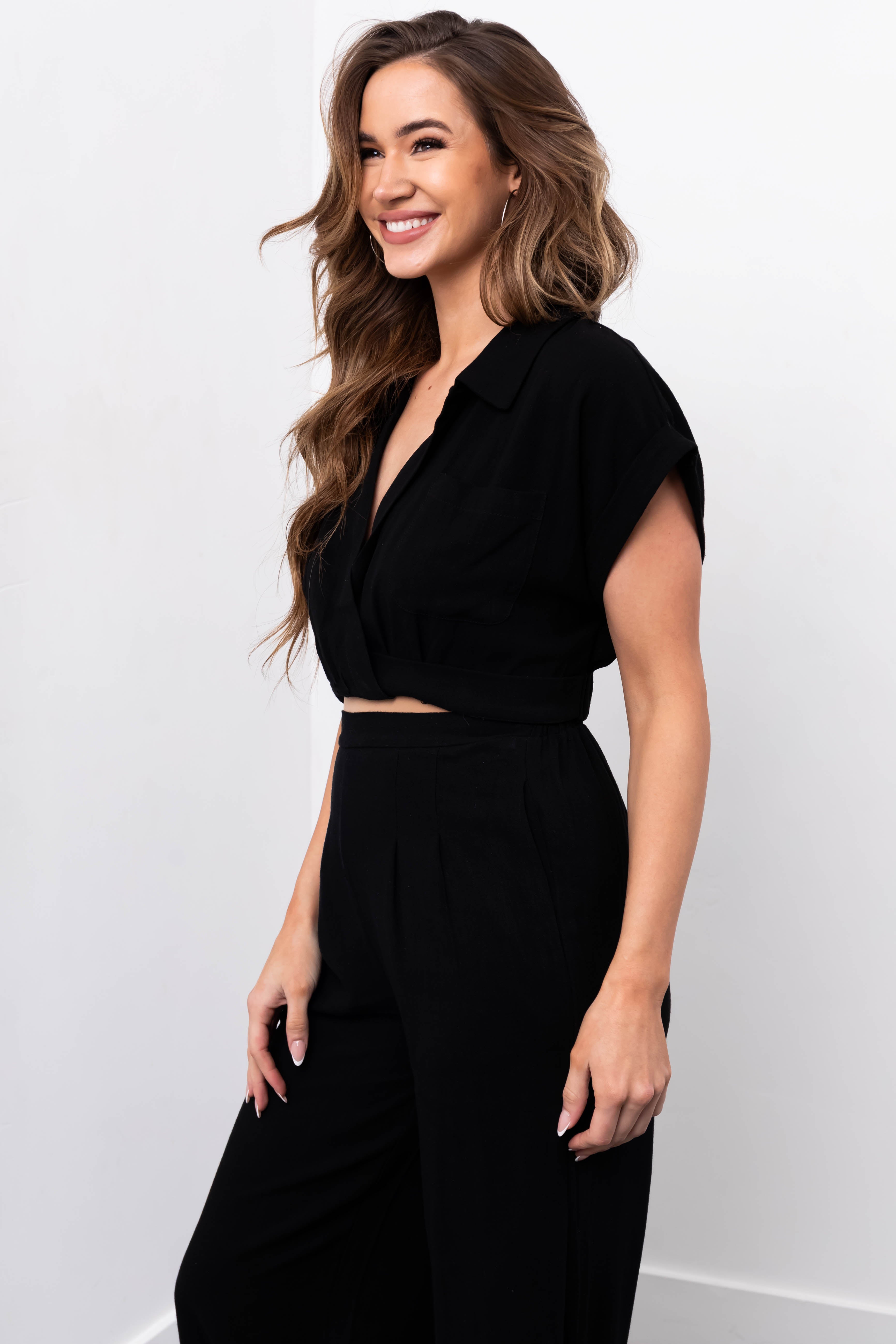 Black Crop Top and Wide Leg Pants Set