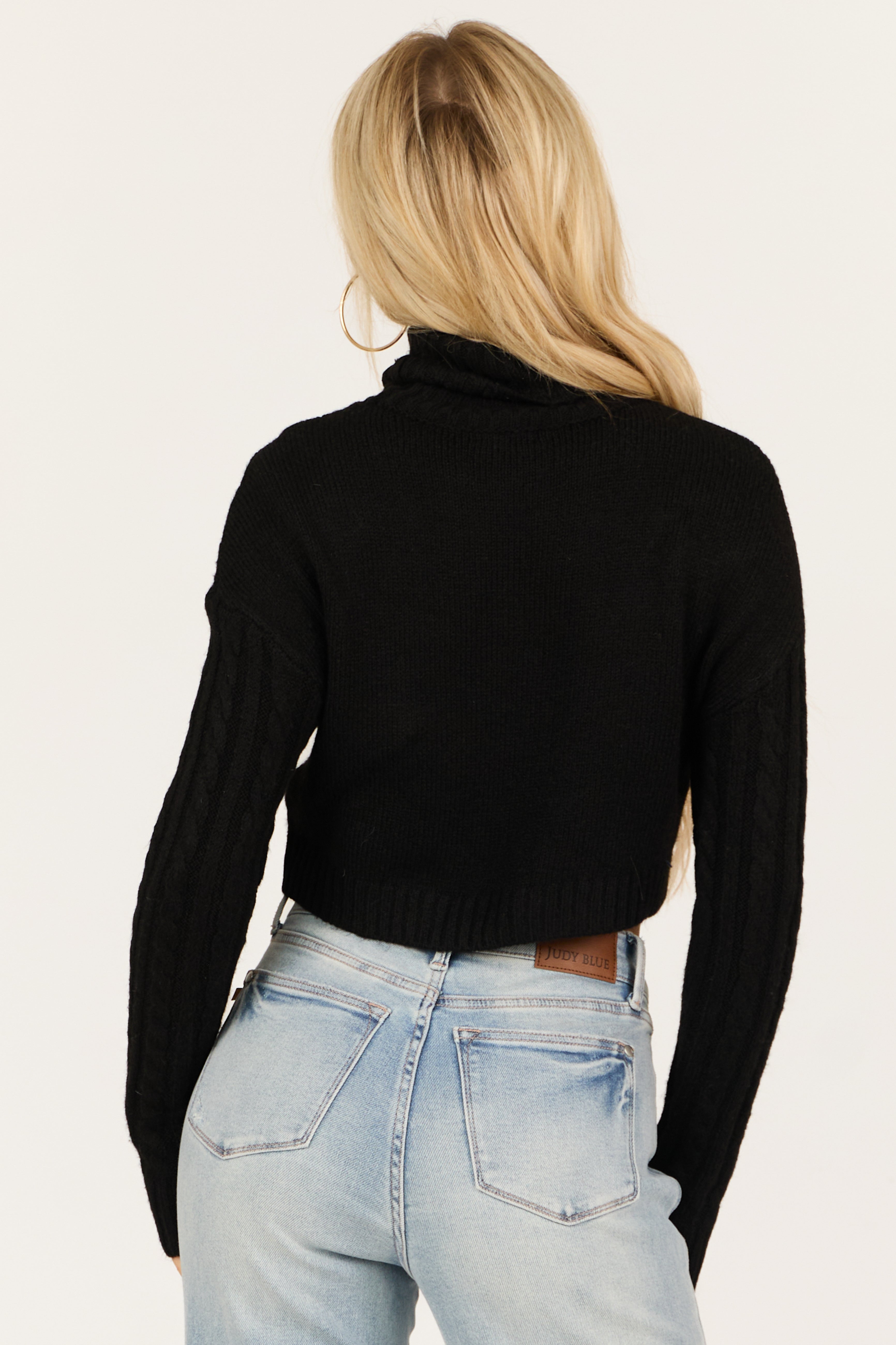 Black Cropped Cable Knit Turtleneck Sweater