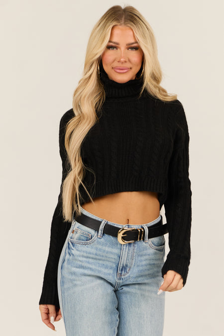 Black Cropped Cable Knit Turtleneck Sweater