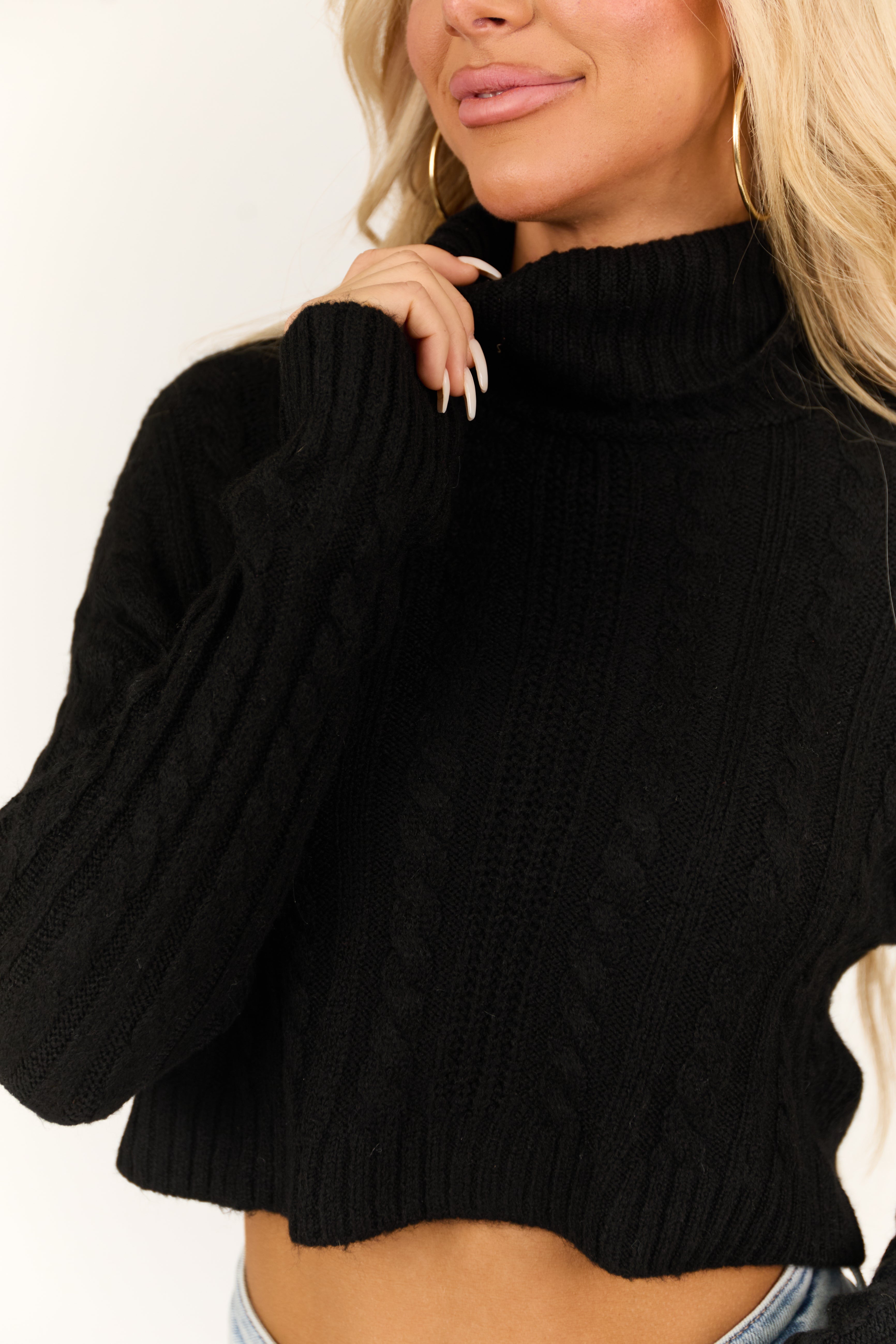 Black Cropped Cable Knit Turtleneck Sweater