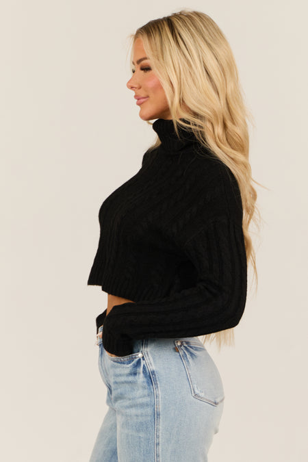 Black Cropped Cable Knit Turtleneck Sweater