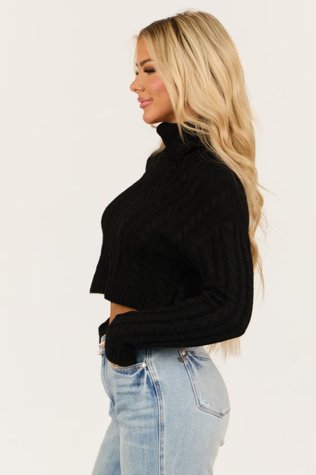 Black Cropped Cable Knit Turtleneck Sweater