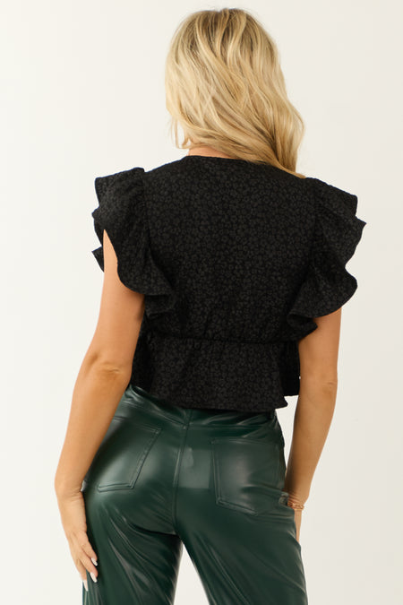 Black Cropped Jacquard Ruffle Sleeve Peplum Top